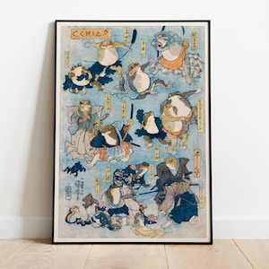 Japanese Frog Art Print, Antique Vintage Japanese Frog Poster, Woodblock Print, Samurai Frogs by Utagawa Kuniyoshi, Vintage Frog