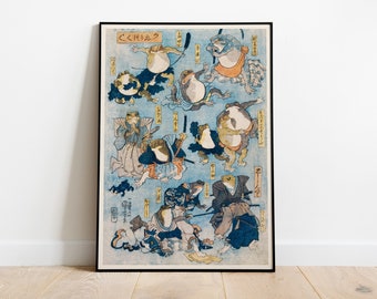 Japanese Frog Art Print, Antique Vintage Japanese Frog Poster, Woodblock Print, Samurai Frogs by Utagawa Kuniyoshi, Vintage Frog