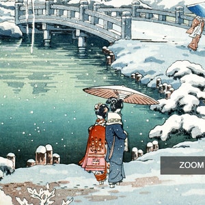 May include: Two women in traditional Japanese clothing walk across a snow-covered bridge over a pond. One woman holds a red and white umbrella. The scene is painted in a traditional Japanese style.
