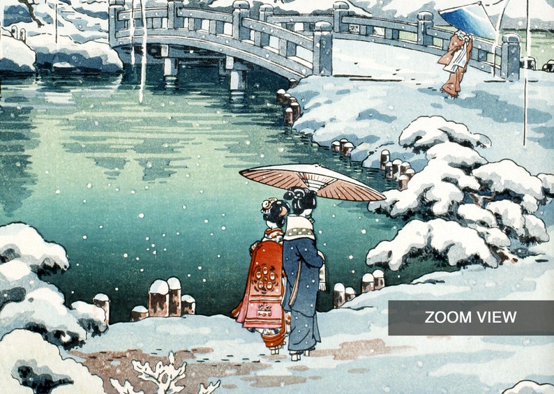 May include: Two women in traditional Japanese clothing walk across a snow-covered bridge over a pond. One woman holds a red and white umbrella. The scene is painted in a traditional Japanese style.