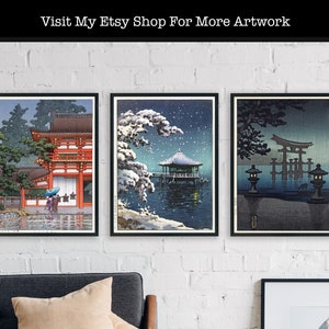 May include: Three framed Japanese woodblock prints depicting scenes of a red temple, a snow-covered gazebo, and a torii gate in the water. The prints are displayed on a white brick wall.