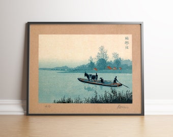 Japan Ukiyoe Print, Japan Woodblock print, Ferryboat by Konen Uehara, Japan Antique Poster, Japanese Prints, Japan Wall Art