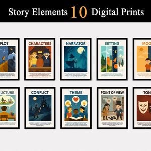 May include: Ten digital prints with black frames, each illustrating a story element. The prints include "Plot," "Characters," "Narrator," "Setting," "Mood," "Structure," "Conflict," "Theme," "Point of View," and "Tone." Each print features colorful illustrations and text.