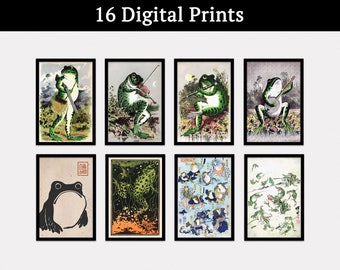 Vintage Frog Prints Set of 16 DIGITAL Downloads, Frog Poster Set, Retro Poster, Frog Decor, Frog Art