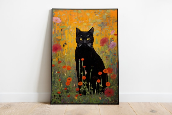 庭の黒猫、グスタフ・クリムトの猫のプリント、黒猫の壁アート、猫の