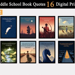 Könnte beinhalten: Eine Sammlung von acht rechteckigen Digitaldrucken mit dem Titel Middle School Book Quotes 16 Digital Prints Set 2. Jeder Druck zeigt eine einzigartige literarische Illustration mit einem Zitat, darunter Szenen mit einer Maus, einer Silhouette, einem Bogen und einem Drachen.