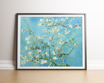 May include: A painting of a blooming almond tree with white flowers against a blue sky. The branches of the tree are depicted in a stylized, almost abstract manner, characteristic of the artist's style.