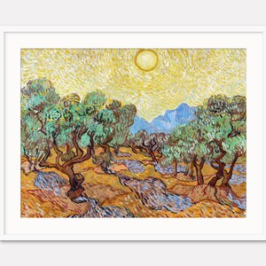 May include: A painting of a landscape with olive trees in the foreground and a bright yellow sun in the sky. The trees are painted in a thick, impasto style, with visible brushstrokes. The sky is a vibrant yellow, with streaks of blue and white. The sun is a bright yellow circle, with a halo of light around it.