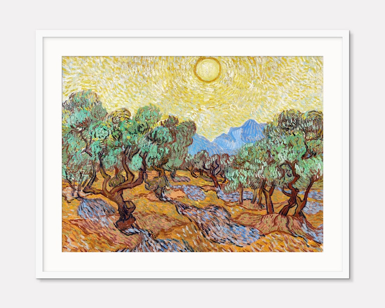 May include: A painting of a landscape with olive trees in the foreground and a bright yellow sun in the sky. The trees are painted in a thick, impasto style, with visible brushstrokes. The sky is a vibrant yellow, with streaks of blue and white. The sun is a bright yellow circle, with a halo of light around it.