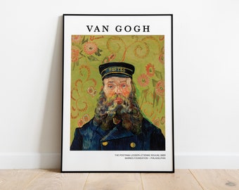 May include: A painting by Vincent van Gogh titled "The Postman Joseph Roulin" depicting a man with a beard wearing a blue uniform and a black cap with the word "Postes" on it. The background is a green and yellow floral pattern.
