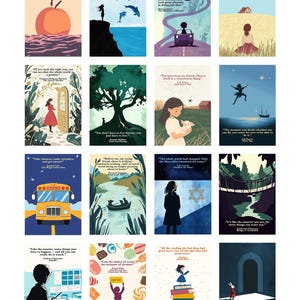 May include: A collage of 16 colourful illustrations featuring quotes from children's books. Each illustration features a different book and a quote from the book. The illustrations are in a variety of styles, including cartoon, realistic, and abstract.