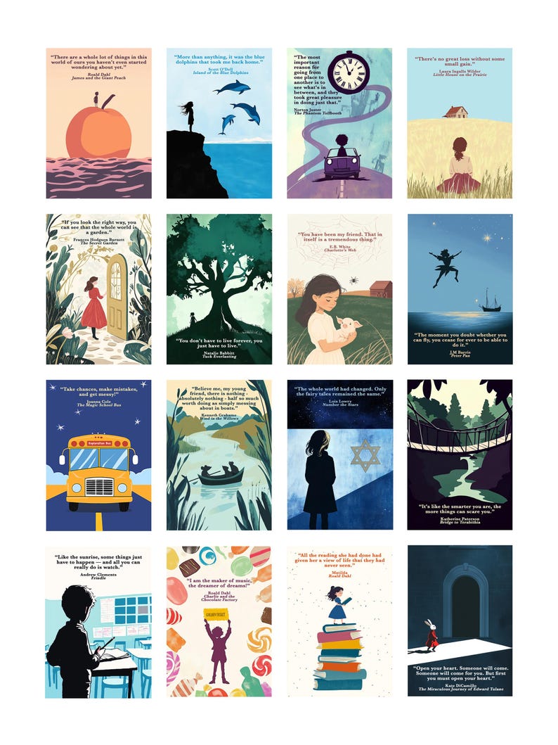 May include: A collage of 16 colourful illustrations featuring quotes from children's books. Each illustration features a different book and a quote from the book. The illustrations are in a variety of styles, including cartoon, realistic, and abstract.