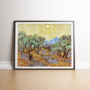 May include: A painting of a landscape with olive trees in the foreground and a bright yellow sun in the sky. The trees are painted in a thick, impasto style, and the sky is filled with swirling brushstrokes. The painting is done in a style reminiscent of Vincent van Gogh.