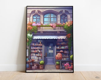 Póster de librería, regalo para amantes de los libros, ilustración de librería, arte mural de libros, lámina de arte de librería, lámina de lectura