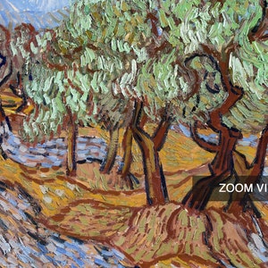 May include: A painting of a landscape with olive trees. The trees are painted in a thick, impasto style with visible brushstrokes. The colors are mostly green, brown, and yellow. The painting is by Vincent van Gogh.
