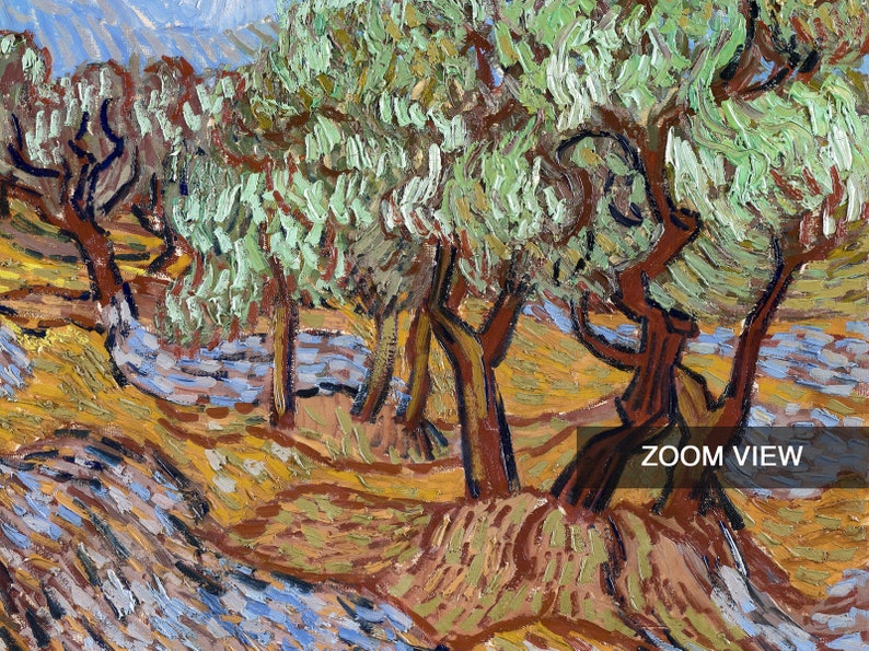 May include: A painting of a landscape with olive trees. The trees are painted in a thick, impasto style with visible brushstrokes. The colors are mostly green, brown, and yellow. The painting is by Vincent van Gogh.