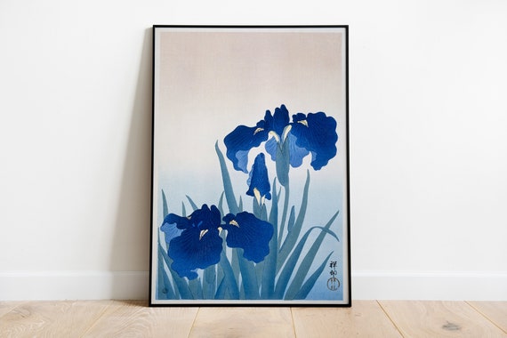 Japanese Woodblock Fine Art Print — Blue Iris Flowers by Ohara