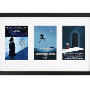 May include: A framed print featuring three book covers. The first cover shows a girl standing on a blue and white background with a quote from the book "Number the Stars" by Lois Lowry. The second cover depicts a silhouette of a person flying with a quote from the book "Peter Pan" by J.M. Barrie. The third cover shows a white rabbit standing on a white platform with a quote from the book "The Miraculous Journey of Edward Tulane" by Kate DiCamillo.