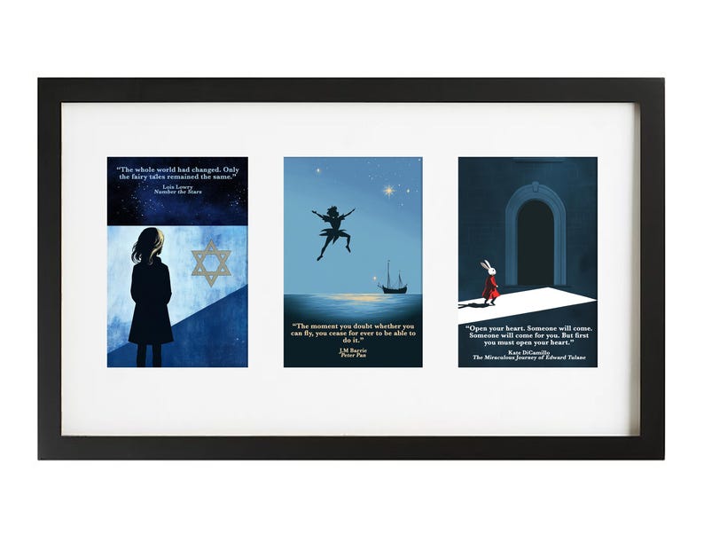 May include: A framed print featuring three book covers. The first cover shows a girl standing on a blue and white background with a quote from the book "Number the Stars" by Lois Lowry. The second cover depicts a silhouette of a person flying with a quote from the book "Peter Pan" by J.M. Barrie. The third cover shows a white rabbit standing on a white platform with a quote from the book "The Miraculous Journey of Edward Tulane" by Kate DiCamillo.