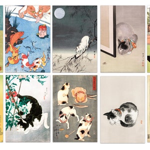 Japanese Cat Print Postcards, Antique Postcards, Japan Cat Art Prints, Cat Lover Gift, Cat Print Set, Gallery Wall Set, Postcard Set of 10