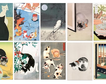 Japanese Cat Print Postcards, Antique Postcards, Japan Cat Art Prints, Cat Lover Gift, Cat Print Set, Gallery Wall Set, Postcard Set of 10