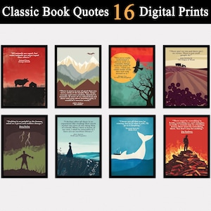 Klassiska bokcitat, bokposters set med 16 digitala nedladdningar, engelsk klassrumsdekor, biblioteksdekor, boktryck, gymnasieskola, bokälskare