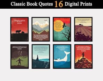 Classic Book Quotes, Book Posters Set of 16 DIGITAL Downloads, English Classroom Decor, Library Decor, Book Prints, High School, Book Lovers