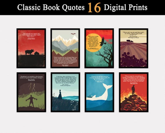Classic Book Quotes, Book Posters Set of 16 DIGITAL Downloads, English Classroom Decor, Library Decor, Book Prints, High School, Book Lovers