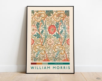 Manifesto della mostra di William Morris, rosa e rosa antico, Art Nouveau, motivo floreale di Morris, stampa di William Morris, stampa botanica, decorazione per la casa