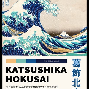 May include: A woodblock print of a large blue wave crashing over a boat with Mount Fuji in the background. The print is titled "The Great Wave off Kanagawa" by Katsushika Hokusai.
