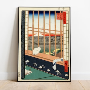 Japanese Cat Print, Cat Art, Asakusa Ricefields by Utagawa Hiroshige Print, Ukiyo-e Style, Cat Poster, Asian Wall Art