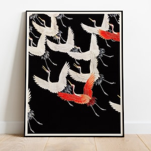 Japanese Flying Cranes, Japanese Birds, Japanese Antique Art Print, Japanese Cranes, Asian Art, Antique Japanese Poster