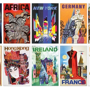 Lot de 10 cartes postales de voyage, impressions d'affiches de voyage, carte postale 4 x 6 voyages dans le monde, ensemble de murs de galerie, cartes postales de voyage vintage, impressions de voyage
