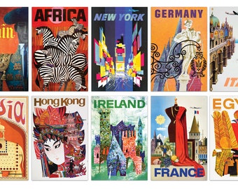 Travel Postcards Set of 10, Travel Posters Prints, 4x6 World Travel Postcard, Gallery Wall Set, Vintage Travel Postcards, Travel Prints