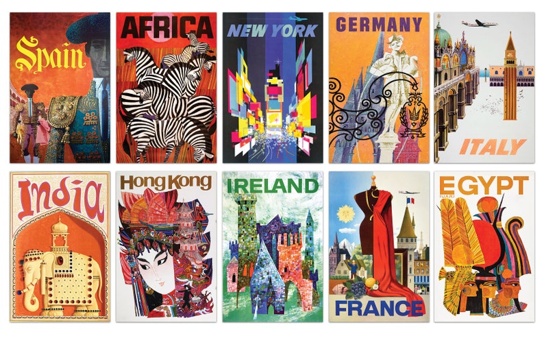 May include: A set of ten vintage travel posters featuring iconic landmarks and imagery from around the world. The posters are colorful and feature a variety of styles, including abstract, geometric, and realistic. The posters are in good condition and would be a great addition to any home or office.