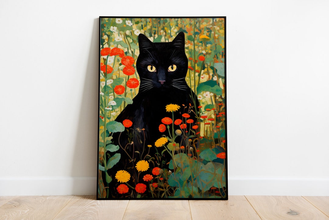 Gustav Klimt Garden Cat, Black Cat in A Garden Wall Art, Cat Print ...