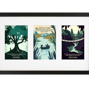 May include: A black framed triple picture frame with white matting. The three images are of a green tree with a person standing beneath it, a river scene with a boat and a bridge, and a bridge over a river in a forest. The images have quotes from books: "You don't have to live forever, you just have to live." - Natalie Babbitt, Tuck Everlasting, "Believe me, my young friend, there is nothing - absolutely nothing - half so much worth doing as simply messing about in boats." - Kenneth Grahame, The Wind in the Willows, and "It's like the smarter you are, the more things can scare you." - Katherine Paterson, Bridge to Terabithia.