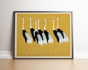 Póster de grulla japonesa, Siete grullas de Ogata Korin, ilustración de pájaro, grulla vintage, arte mural, decoración del hogar