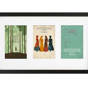 May include: A black framed print with three images. The left image is a green forest with a silhouette of a person standing in the middle. The text reads "Maybe there is a beast... maybe it's only us." William Golding, Lord of the Flies. The middle image is a silhouette of four women in colorful dresses with the text "I am not afraid of storms, for I am learning how to sail my ship." Louisa May Alcott, Little Women. The right image is a green and blue illustration of a boat on a river with the text "That is just the way with some people. They get down on a thing when they don't know nothing about it." Mark Twain, Huckleberry Finn.