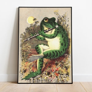 Frog Playing Flute in The Moonlight, Vintage Frog Poster, Frog Print, Retro Poster, Frog Home Decor