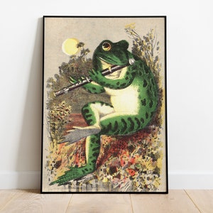 Grenouille jouant de la flûte traversière au clair de lune, affiche de grenouille vintage, impression de grenouille, affiche rétro, décoration d'intérieur de grenouille