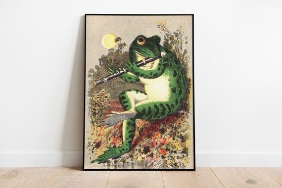 Frog Playing Flute in The Moonlight, Vintage Frog Poster, Frog Print, Retro Poster, Frog Home Decor
