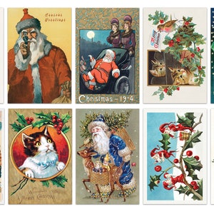 Lot de 10 cartes postales de Noël vintage, père Noël rétro, cartes postales de Noël originales, cartes de Noël étranges, art mural de galerie, Noël antique