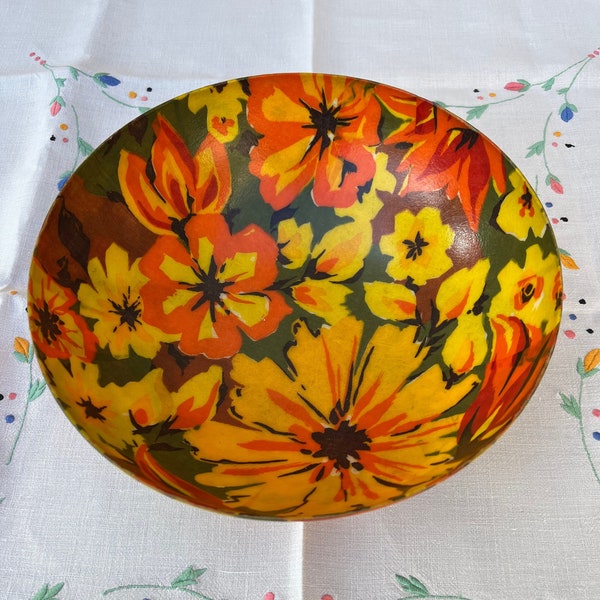 MidCentury Floral Papier-mâché Chip Bowl, Orange, Yellow, Green, 1950s