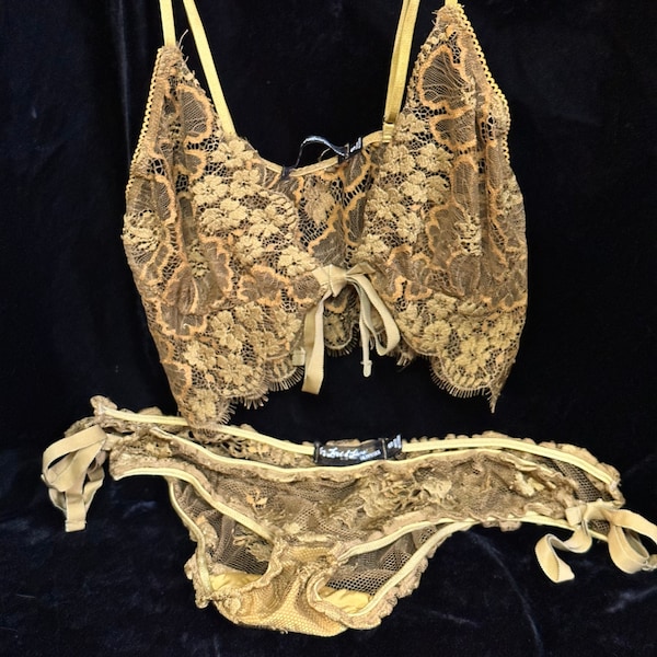 Vintage Lingerie, For Love & Lemons Skivvies, Antique Gold Lace Bralette, Adjustable Bikini, Size S, Made in China