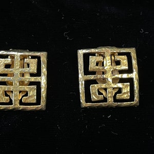 Vintage “Parfum Givenchy” earrings, clip on, GG logo square cut, signed, hammered metal finish, gold tone, 1980’s
