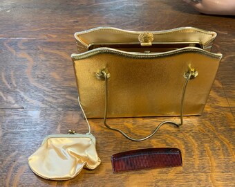 Hide Away Handle After Five * Made in the U.S.A. Vintage 1950s Purse Gold Lame/' Clutch Bag Lift Clasp Closure