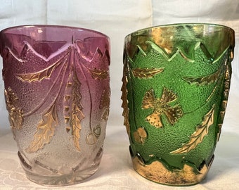 Lot 40. Antique Victorian Tumblers, Early American Pressed Glass EAPG, Cranberry and Green Glass, 1900s, Made in USA