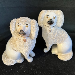 Antique Victorian Staffordshire Poodle Dogs: Confetti Coat Porcelain Pair