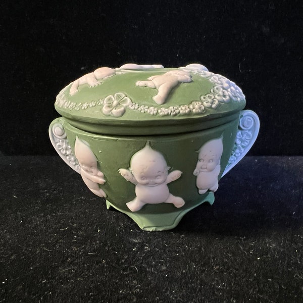 Rare Rosie O’Neill Kewpie, Green Jasperware Hair Receiver With Lid, Germany, 1910’s, Signed